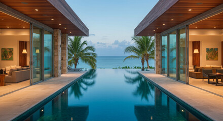 Modern Luxury Beachfront Villa With Stunning Infinity Pool and Panoramic Ocean View at Dusk.