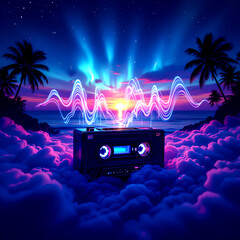 “Surreal Neon Cassette Floating Above Purple Clouds with Vibrant Blue and Pink Soundwave, Starry Sky, Palm Trees, and Dreamlike Retro-Futuristic Beach Synthwave Aesthetic”