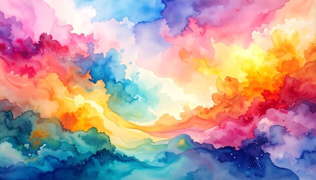 A vibrant, abstract watercolor painting displays a dynamic, colorful sky filled with swirling hues of yellow, orange, pink, blue, and purple.