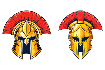 Ancient Greek Corinthian helmet, Trojan,  Spartan warrior helmet, Illustration of an Ancient golden Greek Helmet with Red Plume