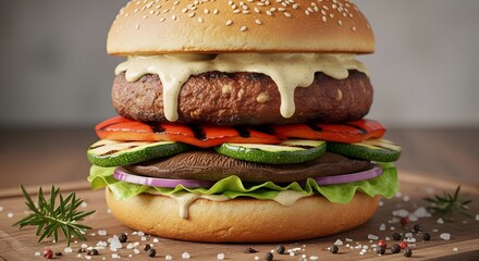 Juicy gourmet hamburger with fresh vegetables and sesame seeds on wooden board
