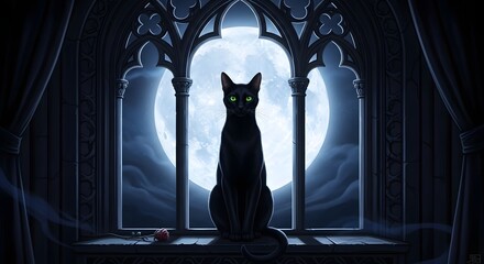 Mysterious black cat with glowing green eyes sits on windowsill against full moon night sky framed by gothic window