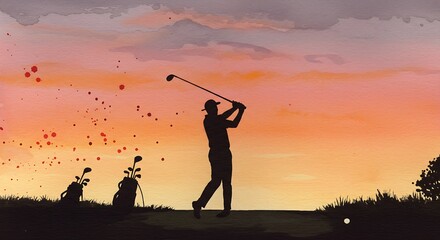 Golfer swinging at sunset silhouette of a person playing golf with golf bag
