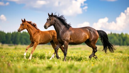 Two horses galloping across a grassy field on a sunny day
