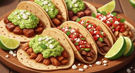 Delicious Tacos Filled With Meat Guacamole And Salsa Served With Lime Wedges On A Wooden Board