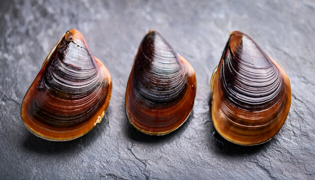 Three Wild Freshwater Dark Brown Mussels On Stone Background Painter S Mussel Unio Pictogrum Is European Freshwater Mussel
