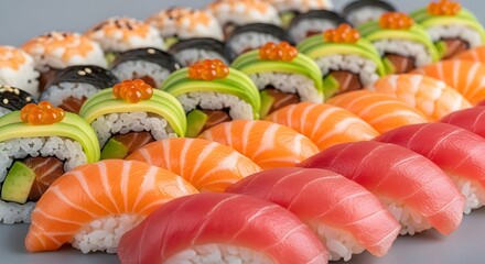 Diverse Sushi Platter Salmon Tuna Avocado and Roe Delicious Japanese Cuisine