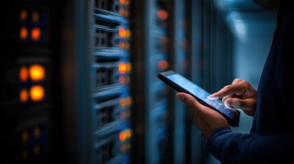 Person using a tablet device in a data center, illuminated by the glow of server lights, with a focus on the hand interacting with the screen and the abstract background filled with technology and...