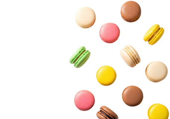 Overhead shot of vibrant green, pink, yellow, chocolate, beige French macarons with colorful sprinkles on white background, copy space left, macro detail. Concept of sweet indulgence