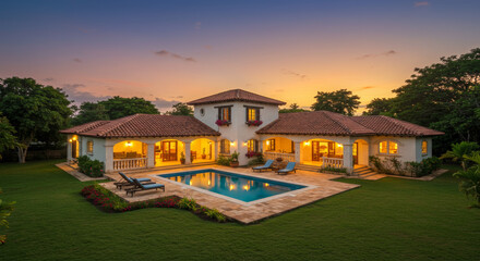 Luxury Mediterranean Villa With Sparkling Pool at Golden Sunset