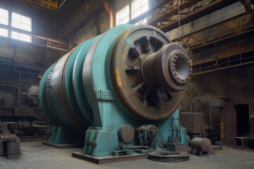 Heavy machinery inside an abandoned industrial facility with moody lighting