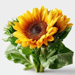 Fresh Yellow Sunflower Bouquet with Dew Drops on White Background