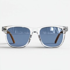Stylish Clear Frame Sunglasses with Blue Lenses on White Background