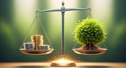 Balanced Scales Showing Coins and Green Plant representing Financial Growth and Sustainability