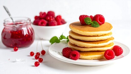 A stack of golden pancakes topped with fresh raspberries and mint, accompanied by a jar of red berry jam and more fresh berries, sits on a white plate against a white background.