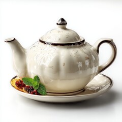 Elegant Ceramic Teapot with Orange Slice and Mint Leaves on White