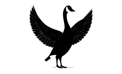 a black and white silhouette of a goose with its wings spreadbeak, bird, black, crane, flap, flight, floor, goose, illustration, profile, spread, stand, white, wing 