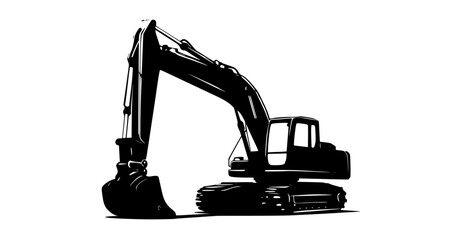 a black and white silhouette of an excavatorblack, crane, dozer, equipment, excavator, floor, illustration, profile 