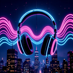 “Futuristic Neon Headphones with Glowing Blue and Pink Soundwave Effects Floating Above a Cyberpunk City Skyline Under a Starry Night Sky in Retro Vaporwave Style”