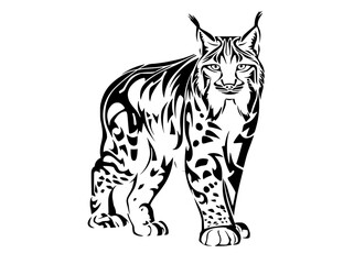 a stylized lynx with tribal patterns on its bodyanimal, black, bobcat, cat, illustration, profile, stand, white 