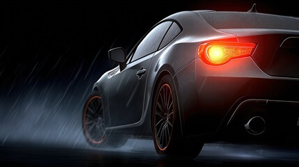 A sleek, black coupe is depicted in a rainstorm, with a vibrant red taillight illuminated, showcasing its sporty design as water droplets cascade across the vehicle.