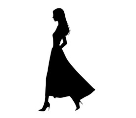 a silhouette of a woman walking in a long dressbeautiful, black, dance, dress, evening dress, girl, profile, stand, walk, woman 