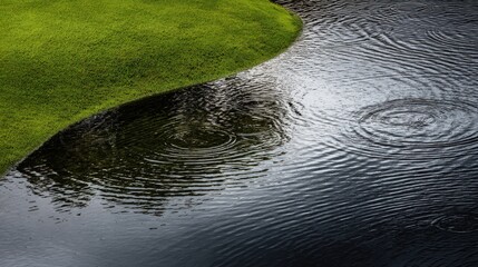 Beautiful, natural scene displaying green, textured vegetation adjacent to a dark body of water with ripples and reflections caused by raindrops, creating a tranquil and atmospheric aesthetic.