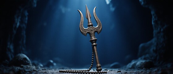 sacred trident resting on stone, dark mystical background, hindu deity symbolism | religion, spirituality, hinduism, meditation, festival theme