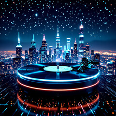 “Futuristic Neon Cityscape at Night with Glowing Multi-Layered Platform, Blue and Orange Concentric Rings, Sleek Skyscrapers, and Cyberpunk Atmosphere of Innovation”