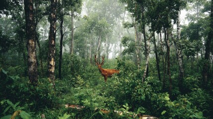 A majestic deer stands amidst lush green foliage within a misty forest, with tall trees creating a natural frame.  The overcast sky contributes to the moody atmosphere.
