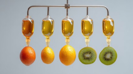 A creative  shot presents an intriguing composition featuring a series of glass containers dispensing a yellow liquid directly onto different kinds of fresh fruit, highlighting a unique and visually