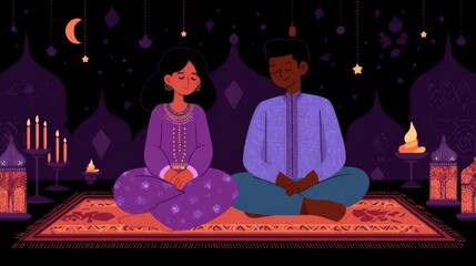 A serene illustration portrays a man and woman sitting together on a rug in a peaceful, meditative pose under a starry night sky, adorned with lanterns and candles, creating a warm and spiritual...