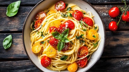 A bowl of fresh spaghetti is topped with colorful cherry tomatoes and basil leaves. The dish is garnished with black pepper and olive oil, presented on a wooden table.