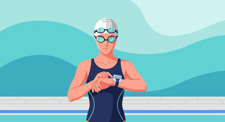 Female swimmer checking her smartwatch before swimming in the pool a digital drawing with a