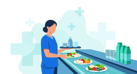 Healthcare professional serving nutritious meals in a hospital setting illustration