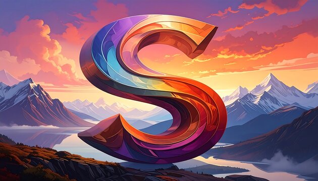 A vibrant, stylized letter "S" stands out against a breathtaking mountain and lake landscape, showcasing a dynamic interplay of colors and shapes.