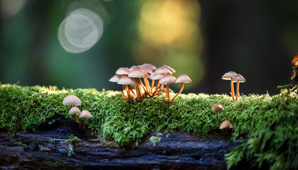 Small Mushrooms On A Mossy Log