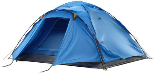 Blue camping tent pitched in a park during a sunny day in spring