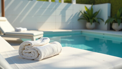 Rolled white towels on sun loungers by swimming pool in daylight  