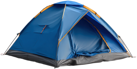 Blue camping tent pitched in a park during a sunny day in spring