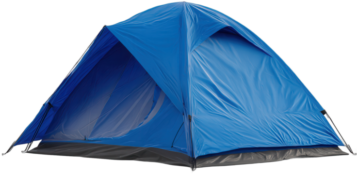 Blue camping tent pitched in a park during a sunny day in spring