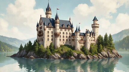 Fototapeta premium picturesque stone castle on rocky island overlooking serene lake and lush green landscape | travel, history, architecture, scenery, fantasy theme