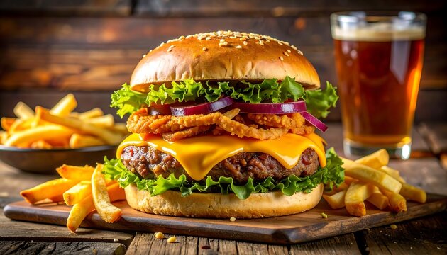 Delicious Gourmet Burger with Beer and Fries on a Rustic Wooden Table - Powered by Adobe