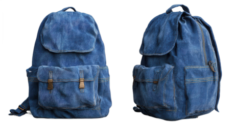 Canvas backpack in blue color with multiple pockets designed for outdoor activities and daily use