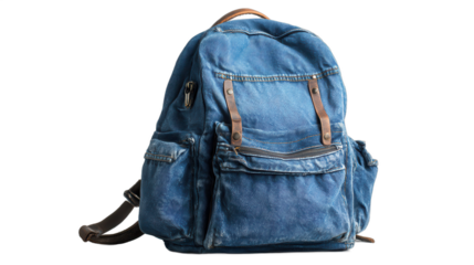 Canvas backpack in blue color with multiple pockets designed for outdoor activities and daily use