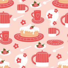 Pattern of teacups cakes and strawberries