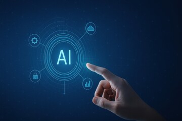 Hand pointing at glowing ai hologram button with digital analytics and cloud icons 
