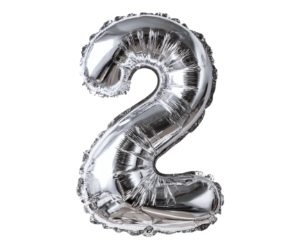 Shiny silver number two balloon against a black background