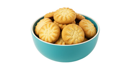 Butter cookies in a blue bowl isolated on white, delicious homemade biscuits for dessert or snack time