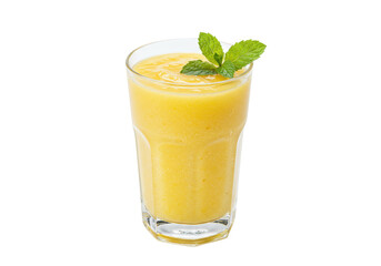 Refreshing yellow smoothie in a glass with mint leaves isolated, healthy drink on transparent background